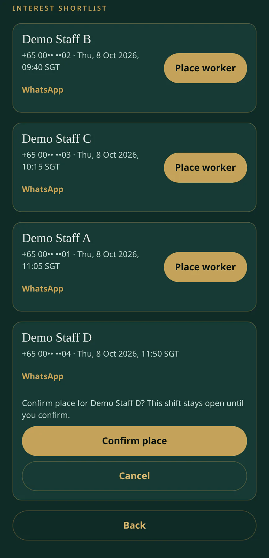 FW Staff interest shortlist for a sample banquet server shift. Four sample staff names, masked phone numbers, and Place worker ready to confirm.