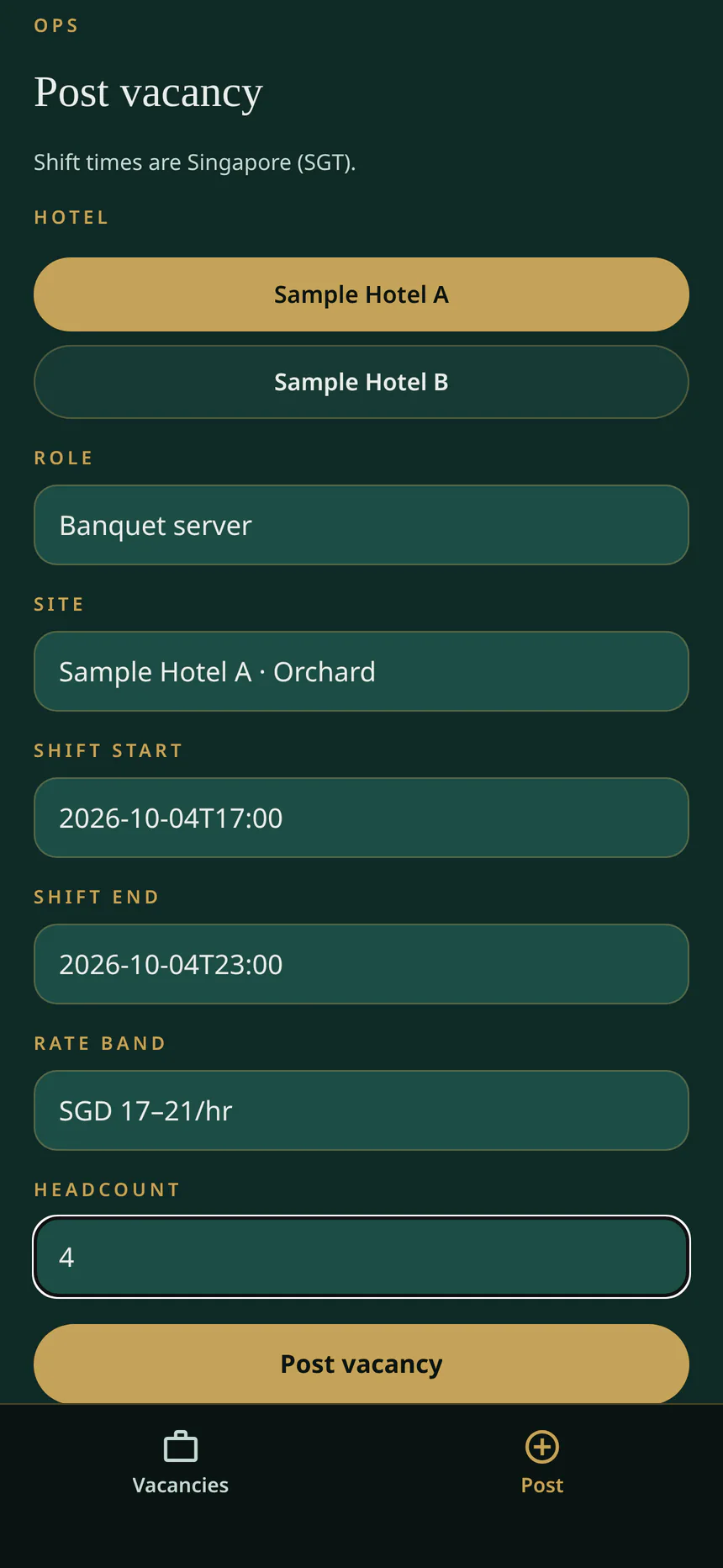 FW Staff screen for posting a vacancy. Sample hotel, banquet server, sample shift, and a sample hourly rate. The note says the vacancy stays inside the closed hotel desk.