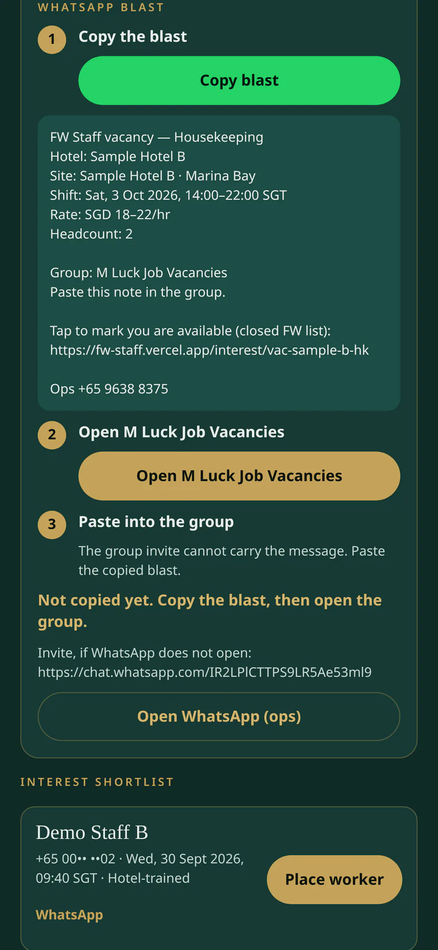 FW Staff WhatsApp handoff in three steps: copy the blast, open the group, and paste. The sample message includes a sample hotel and a sample rate.